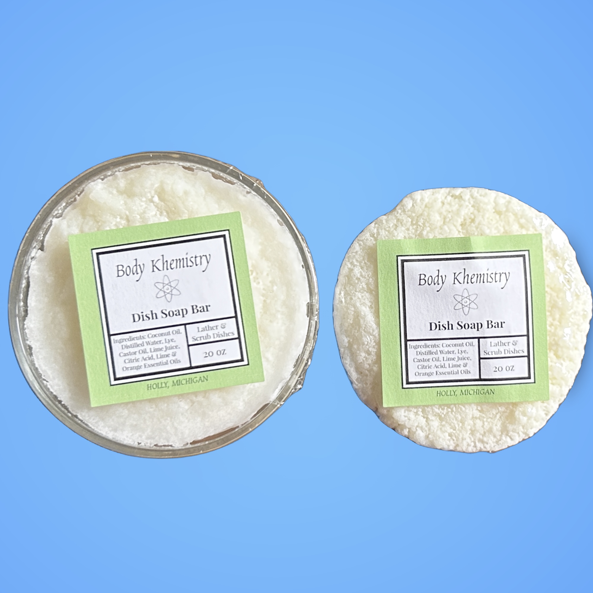 Dish Soap Bars, small but mighty! Wet your sponge/dish cloth, rub on the bar, wash your dishes. It’s aggressive on grime, very gentle on hands.
