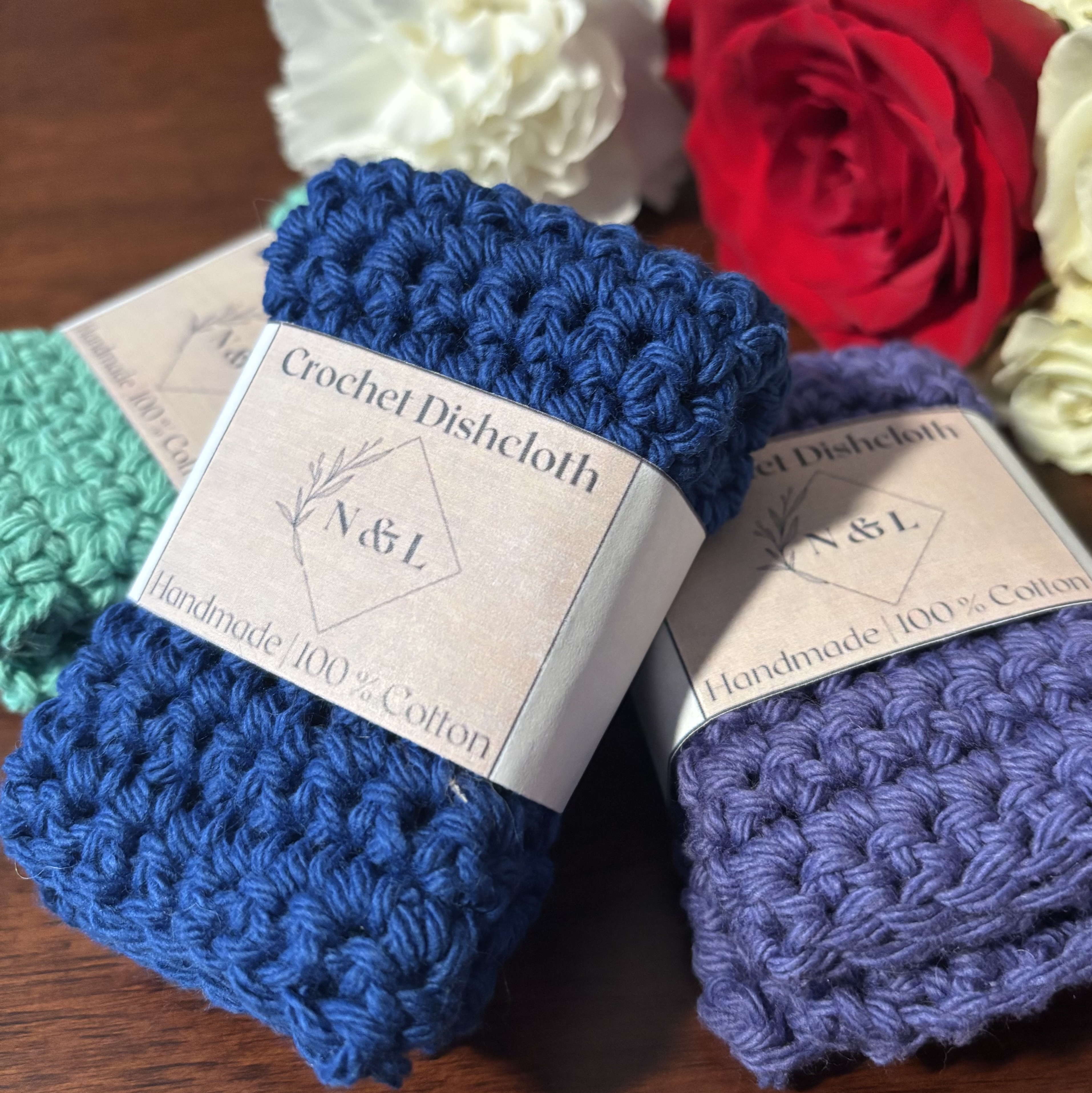 Crochet dishcloths in assorted colors.